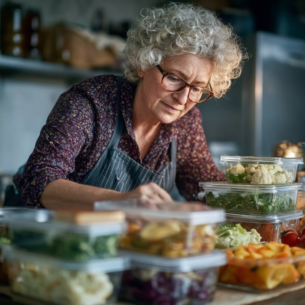 Щастлива възрастна жена с здравословна храна